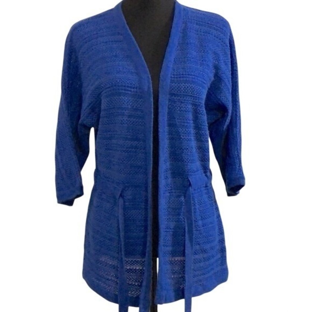 Jones New York Signature Open‎ Knit Belted Cardigan Blue Womens PM
